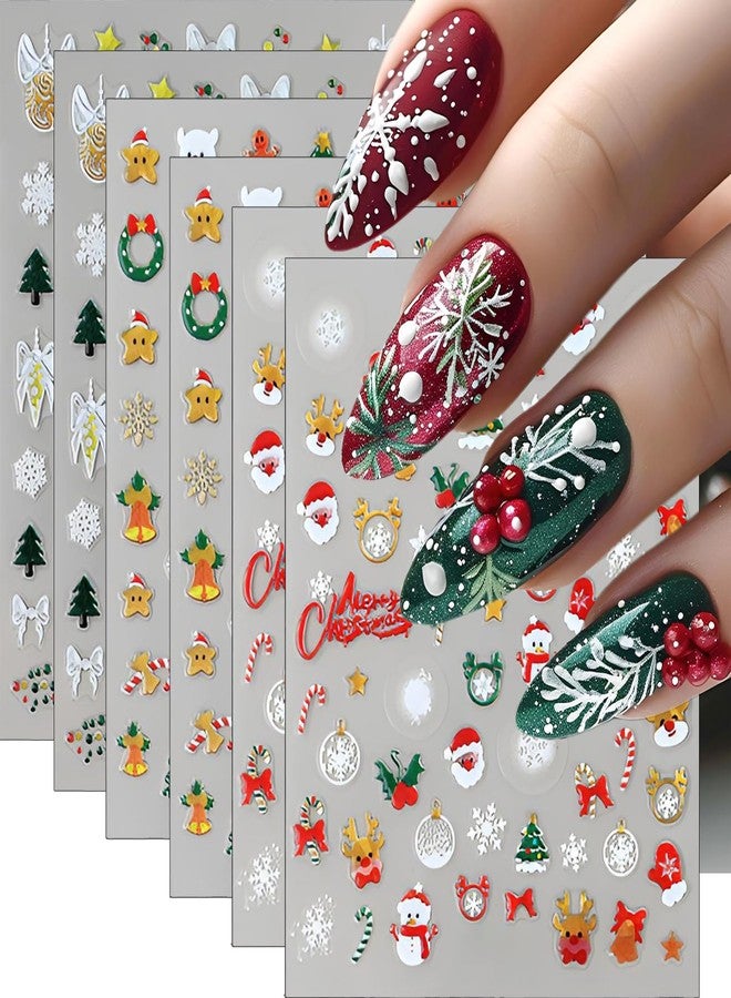winthrop 6 Sheets Christmas Nail Stickers – Cute Santa Claus Bow Gingerbread Man Snowman Santa Bear 3D Self-Adhesive Nail Art Decals for Women Girls Winter Holiday Manicure Decorations - Image 1